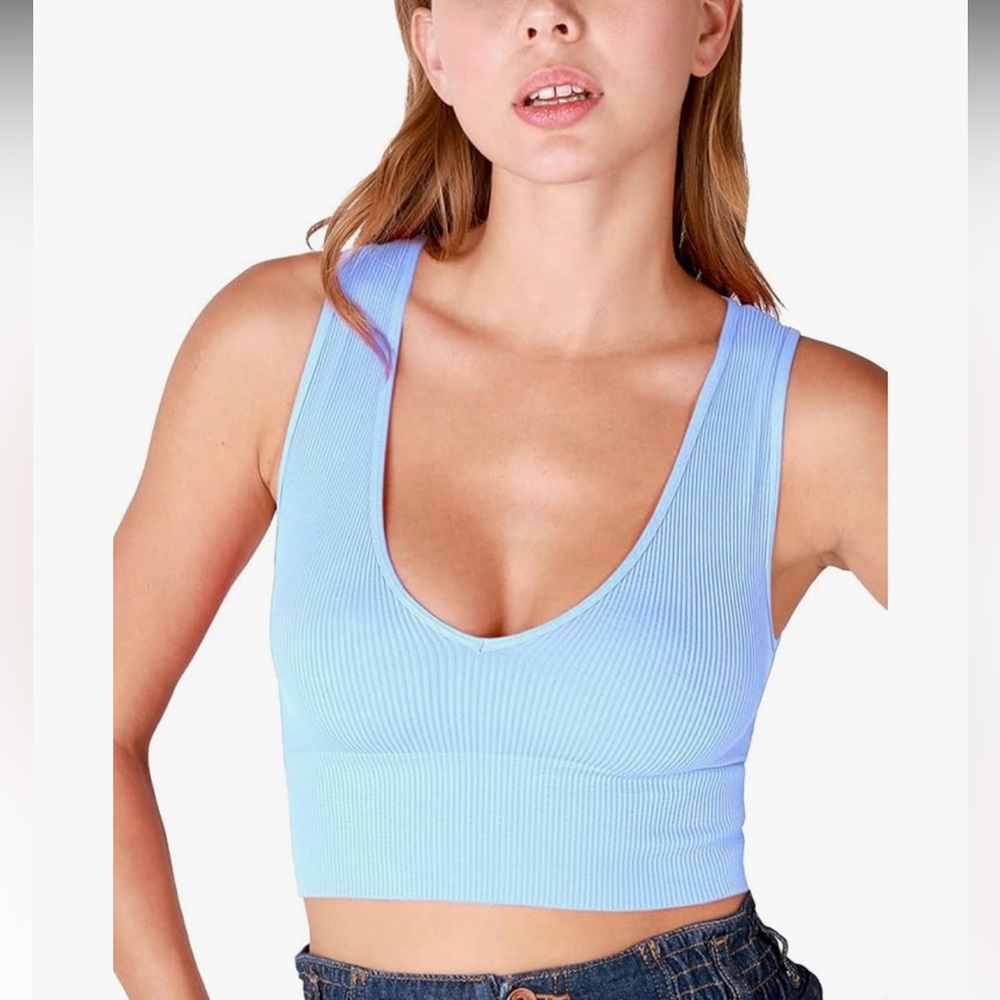 NIKIBIKI Women Seamless Plunge V-Neck Ribbed Crop Top in Cashmere blue M